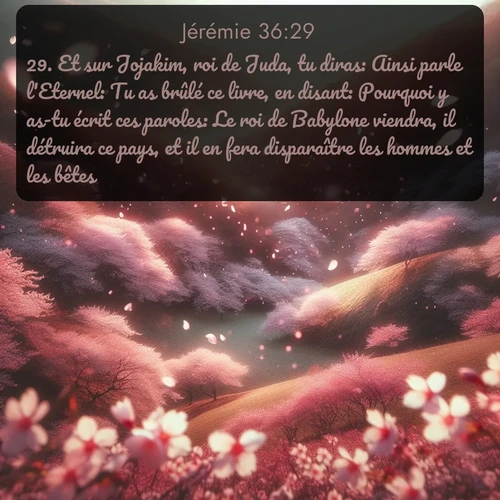 Segond Jérémie  ; image nature: image avec le verset biblique :Et sur Jojakim, roi de Juda, tu diras: Ainsi parle l&#039;Eternel: Tu as brûlé ce livre, en disant: Pourquoi y as-tu écrit ces paroles: Le roi de Babylone viendra, il détruira ce pays, et il en fera disparaître les hommes et les bêtes? ;  ; 36:29