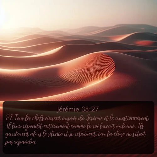 Segond Jérémie  ; image nature: image avec le verset biblique :Tous les chefs vinrent auprès de Jérémie et le questionnèrent. Il leur répondit entièrement comme le roi l&#039;avait ordonné. Ils gardèrent alors le silence et se retirèrent, car la chose ne s&#039;était pas répandue. ;  ; 38:27