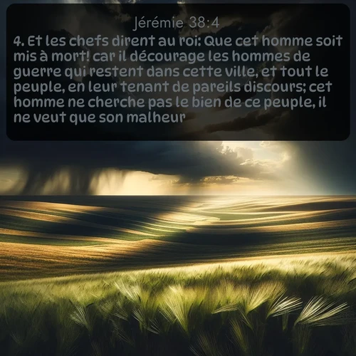 Segond Jérémie  ; image nature: image avec le verset biblique :Et les chefs dirent au roi: Que cet homme soit mis à mort! car il décourage les hommes de guerre qui restent dans cette ville, et tout le peuple, en leur tenant de pareils discours; cet homme ne cherche pas le bien de ce peuple, il ne veut que son malheur. ;  ; 38:4