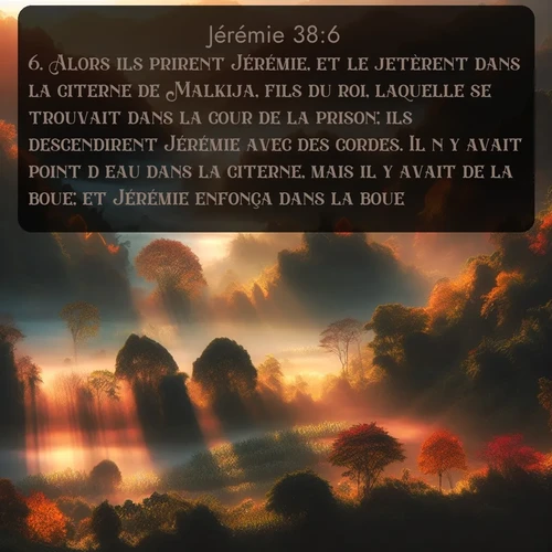 Segond Jérémie  ; image nature: image avec le verset biblique :Alors ils prirent Jérémie, et le jetèrent dans la citerne de Malkija, fils du roi, laquelle se trouvait dans la cour de la prison; ils descendirent Jérémie avec des cordes. Il n&#039;y avait point d&#039;eau dans la citerne, mais il y avait de la boue; et Jérémie enfonça dans la boue. ;  ; 38:6