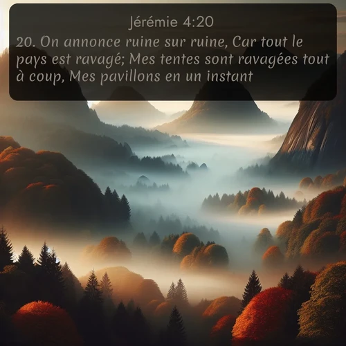 Segond Jérémie  ; image nature: image avec le verset biblique :On annonce ruine sur ruine, Car tout le pays est ravagé; Mes tentes sont ravagées tout à coup, Mes pavillons en un instant. ;  ; 4:20