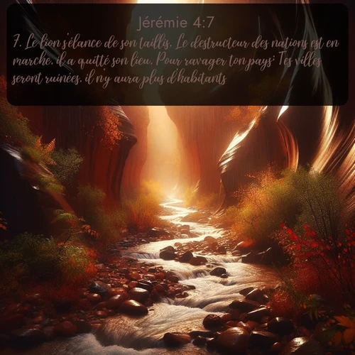 Segond Jérémie  ; image nature: image avec le verset biblique :Le lion s&#039;élance de son taillis, Le destructeur des nations est en marche, il a quitté son lieu, Pour ravager ton pays; Tes villes seront ruinées, il n&#039;y aura plus d&#039;habitants. ;  ; 4:7