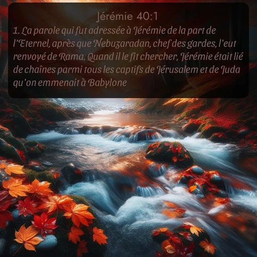 Segond Jérémie  ; image nature: image avec le verset biblique :La parole qui fut adressée à Jérémie de la part de l&#039;Eternel, après que Nebuzaradan, chef des gardes, l&#039;eut renvoyé de Rama. Quand il le fit chercher, Jérémie était lié de chaînes parmi tous les captifs de Jérusalem et de Juda qu&#039;on emmenait à Babylone. ;  ; 40:1