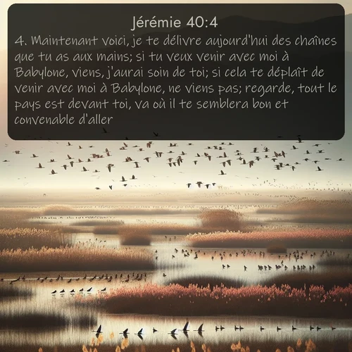 Segond Jérémie  ; image nature: image avec le verset biblique :Maintenant voici, je te délivre aujourd&#039;hui des chaînes que tu as aux mains; si tu veux venir avec moi à Babylone, viens, j&#039;aurai soin de toi; si cela te déplaît de venir avec moi à Babylone, ne viens pas; regarde, tout le pays est devant toi, va où il te semblera bon et convenable d&#039;aller. ;  ; 40:4