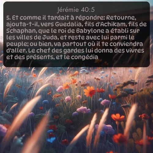 Segond Jérémie  ; image nature: image avec le verset biblique :Et comme il tardait à répondre: Retourne, ajouta-t-il, vers Guedalia, fils d&#039;Achikam, fils de Schaphan, que le roi de Babylone a établi sur les villes de Juda, et reste avec lui parmi le peuple; ou bien, va partout où il te conviendra d&#039;aller. Le chef des gardes lui donna des vivres et des présents, et le congédia. ;  ; 40:5