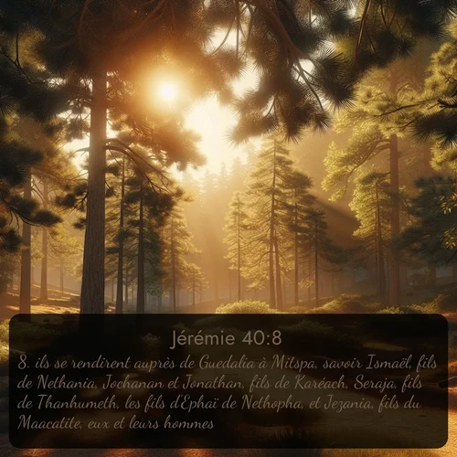 Segond Jérémie  ; image nature: image avec le verset biblique :ils se rendirent auprès de Guedalia à Mitspa, savoir Ismaël, fils de Nethania, Jochanan et Jonathan, fils de Karéach, Seraja, fils de Thanhumeth, les fils d&#039;Ephaï de Nethopha, et Jezania, fils du Maacatite, eux et leurs hommes. ;  ; 40:8