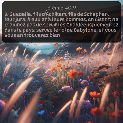 Segond Jérémie  ; image nature: image avec le verset biblique :Guedalia, fils d&#039;Achikam, fils de Schaphan, leur jura, à eux et à leurs hommes, en disant: Ne craignez pas de servir les Chaldéens; demeurez dans le pays, servez le roi de Babylone, et vous vous en trouverez bien. ;  ; 40:9