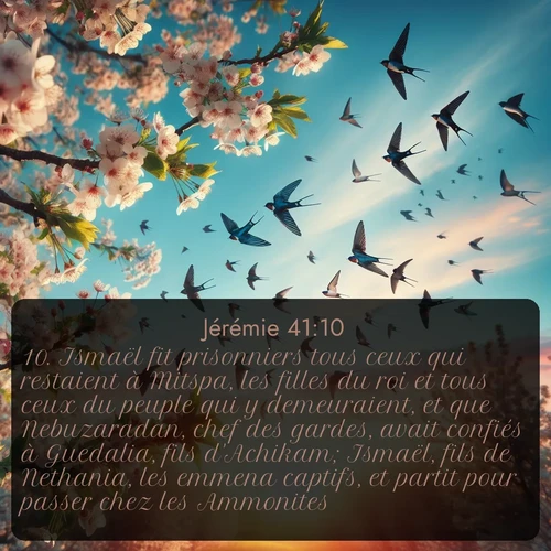 Segond Jérémie  ; image nature: image avec le verset biblique :Ismaël fit prisonniers tous ceux qui restaient à Mitspa, les filles du roi et tous ceux du peuple qui y demeuraient, et que Nebuzaradan, chef des gardes, avait confiés à Guedalia, fils d&#039;Achikam; Ismaël, fils de Nethania, les emmena captifs, et partit pour passer chez les Ammonites. ;  ; 41:10