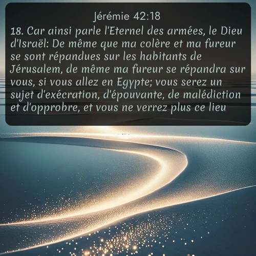 Segond Jérémie  ; image nature: image avec le verset biblique :Car ainsi parle l&#039;Eternel des armées, le Dieu d&#039;Israël: De même que ma colère et ma fureur se sont répandues sur les habitants de Jérusalem, de même ma fureur se répandra sur vous, si vous allez en Egypte; vous serez un sujet d&#039;exécration, d&#039;épouvante, de malédiction et d&#039;opprobre, et vous ne verrez plus ce lieu. ;  ; 42:18