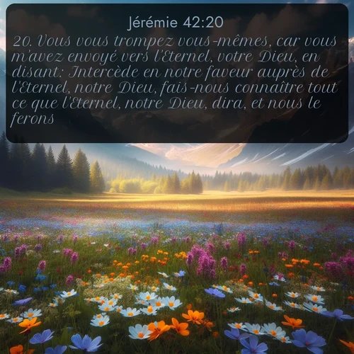 Segond Jérémie  ; image nature: image avec le verset biblique :Vous vous trompez vous-mêmes, car vous m&#039;avez envoyé vers l&#039;Eternel, votre Dieu, en disant: Intercède en notre faveur auprès de l&#039;Eternel, notre Dieu, fais-nous connaître tout ce que l&#039;Eternel, notre Dieu, dira, et nous le ferons. ;  ; 42:20