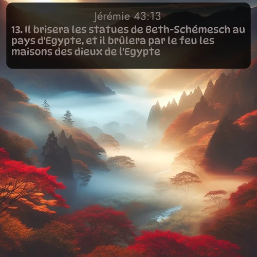 Segond Jérémie  ; image nature: image avec le verset biblique :Il brisera les statues de Beth-Schémesch au pays d&#039;Egypte, et il brûlera par le feu les maisons des dieux de l&#039;Egypte. ;  ; 43:13