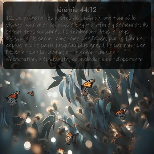 Segond Jérémie  ; image nature: image avec le verset biblique :Je prendrai les restes de Juda qui ont tourné le visage pour aller au pays d&#039;Egypte, afin d&#039;y demeurer; ils seront tous consumés, ils tomberont dans le pays d&#039;Egypte; ils seront consumés par l&#039;épée, par la famine, depuis le plus petit jusqu&#039;au plus grand; ils périront par l&#039;épée et par la famine; et ils seront un sujet d&#039;exécration, d&#039;épouvante, de malédiction et d&#039;opprobre. ;  ; 44:12