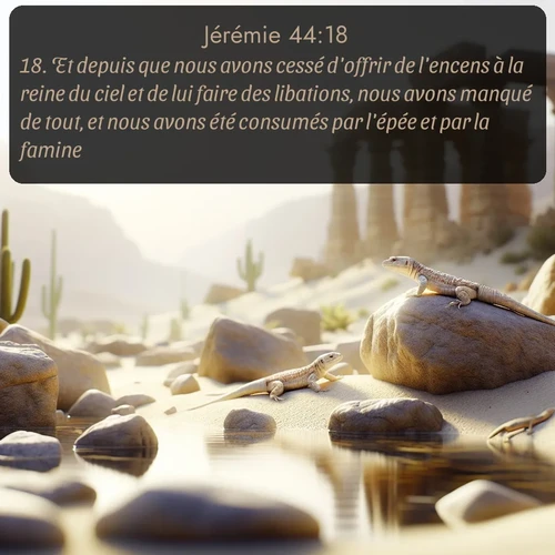 Segond Jérémie  ; image nature: image avec le verset biblique :Et depuis que nous avons cessé d&#039;offrir de l&#039;encens à la reine du ciel et de lui faire des libations, nous avons manqué de tout, et nous avons été consumés par l&#039;épée et par la famine... ;  ; 44:18