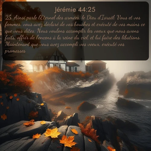 Segond Jérémie  ; image nature: image avec le verset biblique :Ainsi parle l&#039;Eternel des armées, le Dieu d&#039;Israël: Vous et vos femmes, vous avez déclaré de vos bouches et exécuté de vos mains ce que vous dites: Nous voulons accomplir les voeux que nous avons faits, offrir de l&#039;encens à la reine du ciel, et lui faire des libations. Maintenant que vous avez accompli vos voeux, exécuté vos promesses, ;  ; 44:25