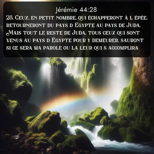 Segond Jérémie  ; image nature: image avec le verset biblique :Ceux, en petit nombre, qui échapperont à l&#039;épée, retourneront du pays d&#039;Egypte au pays de Juda. Mais tout le reste de Juda, tous ceux qui sont venus au pays d&#039;Egypte pour y demeurer, sauront si ce sera ma parole ou la leur qui s&#039;accomplira. ;  ; 44:28