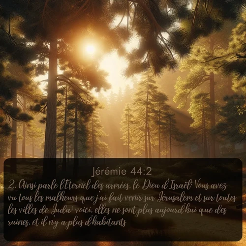 Segond Jérémie  ; image nature: image avec le verset biblique :Ainsi parle l&#039;Eternel des armées, le Dieu d&#039;Israël: Vous avez vu tous les malheurs que j&#039;ai fait venir sur Jérusalem et sur toutes les villes de Juda; voici, elles ne sont plus aujourd&#039;hui que des ruines, et il n&#039;y a plus d&#039;habitants, ;  ; 44:2