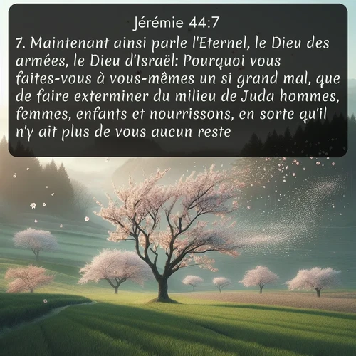 Segond Jérémie  ; image nature: image avec le verset biblique :Maintenant ainsi parle l&#039;Eternel, le Dieu des armées, le Dieu d&#039;Israël: Pourquoi vous faites-vous à vous-mêmes un si grand mal, que de faire exterminer du milieu de Juda hommes, femmes, enfants et nourrissons, en sorte qu&#039;il n&#039;y ait plus de vous aucun reste? ;  ; 44:7