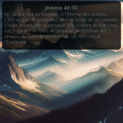 Segond Jérémie  ; image nature: image avec le verset biblique :Ce jour est au Seigneur, à l&#039;Eternel des armées; C&#039;est un jour de vengeance, où il se venge de ses ennemis. L&#039;épée dévore, elle se rassasie, Elle s&#039;enivre de leur sang. Car il y a des victimes du Seigneur, de l&#039;Eternel des armées, Au pays du septentrion, sur les rives de l&#039;Euphrate. ;  ; 46:10