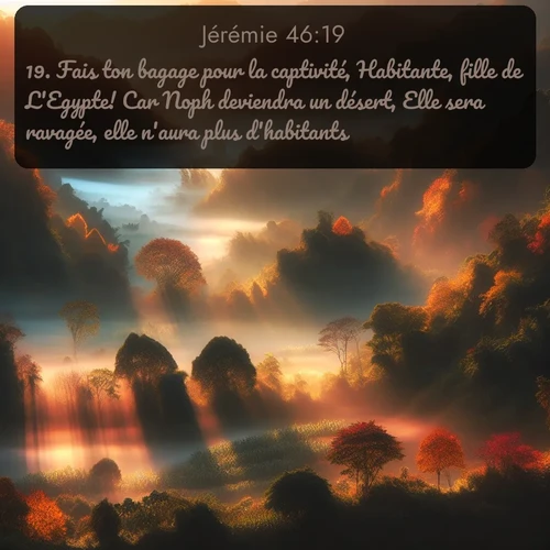 Segond Jérémie  ; image nature: image avec le verset biblique :Fais ton bagage pour la captivité, Habitante, fille de L&#039;Egypte! Car Noph deviendra un désert, Elle sera ravagée, elle n&#039;aura plus d&#039;habitants. ;  ; 46:19