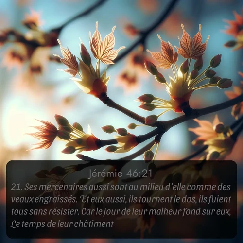 Segond Jérémie  ; image nature: image avec le verset biblique :Ses mercenaires aussi sont au milieu d&#039;elle comme des veaux engraissés. Et eux aussi, ils tournent le dos, ils fuient tous sans résister. Car le jour de leur malheur fond sur eux, Le temps de leur châtiment. ;  ; 46:21