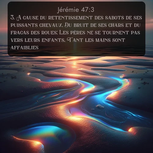 Segond Jérémie  ; image nature: image avec le verset biblique :A cause du retentissement des sabots de ses puissants chevaux, Du bruit de ses chars et du fracas des roues; Les pères ne se tournent pas vers leurs enfants, Tant les mains sont affaiblies, ;  ; 47:3