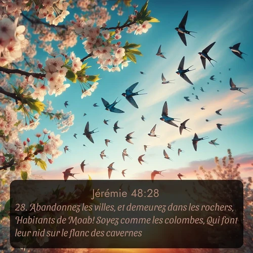 Segond Jérémie  ; image nature: image avec le verset biblique :Abandonnez les villes, et demeurez dans les rochers, Habitants de Moab! Soyez comme les colombes, Qui font leur nid sur le flanc des cavernes! ;  ; 48:28