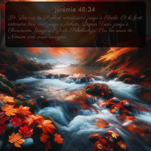 Segond Jérémie  ; image nature: image avec le verset biblique :Les cris de Hesbon retentissent jusqu&#039;à Elealé, Et ils font entendre leur voix jusqu&#039;à Jahats, Depuis Tsoar jusqu&#039;à Choronaïm, Jusqu&#039;à Eglath-Schelischija; Car les eaux de Nimrim sont aussi ravagées. ;  ; 48:34