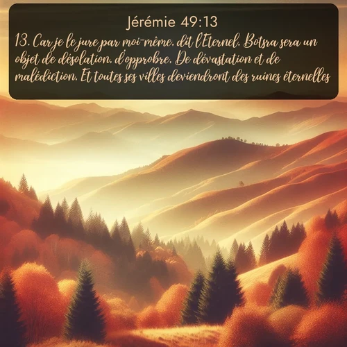 Segond Jérémie  ; image nature: image avec le verset biblique :Car je le jure par moi-même, dit l&#039;Eternel, Botsra sera un objet de désolation, d&#039;opprobre, De dévastation et de malédiction, Et toutes ses villes deviendront des ruines éternelles. ;  ; 49:13