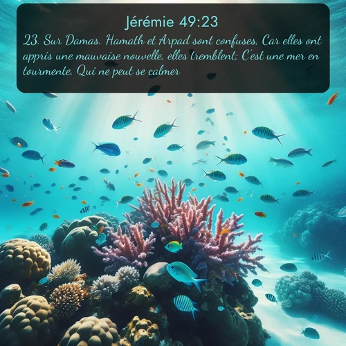 Segond Jérémie  ; image nature: image avec le verset biblique :Sur Damas. Hamath et Arpad sont confuses, Car elles ont appris une mauvaise nouvelle, elles tremblent; C&#039;est une mer en tourmente, Qui ne peut se calmer. ;  ; 49:23