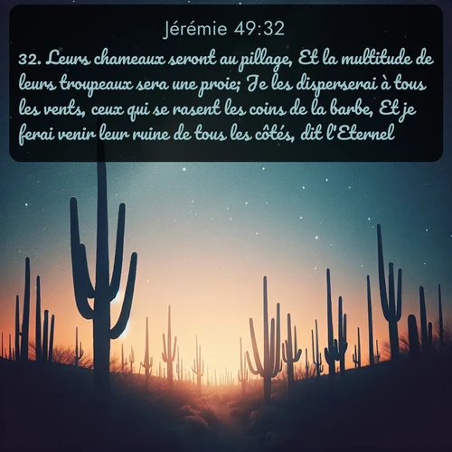 Segond Jérémie  ; image nature: image avec le verset biblique :Leurs chameaux seront au pillage, Et la multitude de leurs troupeaux sera une proie; Je les disperserai à tous les vents, ceux qui se rasent les coins de la barbe, Et je ferai venir leur ruine de tous les côtés, dit l&#039;Eternel. ;  ; 49:32