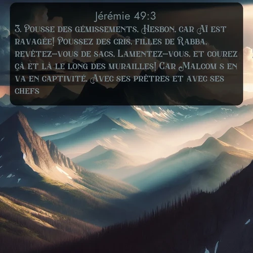 Segond Jérémie  ; image nature: image avec le verset biblique :Pousse des gémissements, Hesbon, car Aï est ravagée! Poussez des cris, filles de Rabba, revêtez-vous de sacs, Lamentez-vous, et courez çà et là le long des murailles! Car Malcom s&#039;en va en captivité, Avec ses prêtres et avec ses chefs. ;  ; 49:3