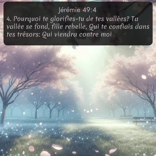 Segond Jérémie  ; image nature: image avec le verset biblique :Pourquoi te glorifies-tu de tes vallées? Ta vallée se fond, fille rebelle, Qui te confiais dans tes trésors: Qui viendra contre moi? ;  ; 49:4