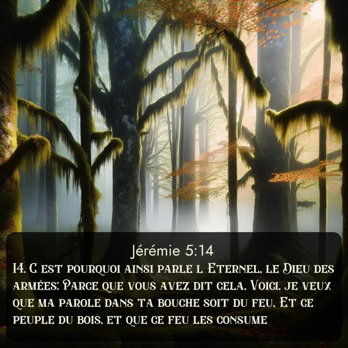 Segond Jérémie  ; image nature: image avec le verset biblique :C&#039;est pourquoi ainsi parle l&#039;Eternel, le Dieu des armées: Parce que vous avez dit cela, Voici, je veux que ma parole dans ta bouche soit du feu, Et ce peuple du bois, et que ce feu les consume. ;  ; 5:14