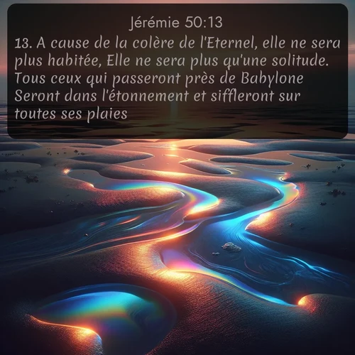 Segond Jérémie  ; image nature: image avec le verset biblique :A cause de la colère de l&#039;Eternel, elle ne sera plus habitée, Elle ne sera plus qu&#039;une solitude. Tous ceux qui passeront près de Babylone Seront dans l&#039;étonnement et siffleront sur toutes ses plaies. ;  ; 50:13