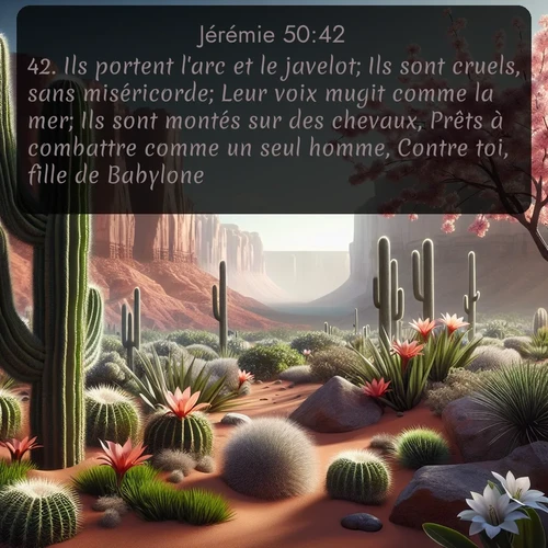 Segond Jérémie  ; image nature: image avec le verset biblique :Ils portent l&#039;arc et le javelot; Ils sont cruels, sans miséricorde; Leur voix mugit comme la mer; Ils sont montés sur des chevaux, Prêts à combattre comme un seul homme, Contre toi, fille de Babylone! ;  ; 50:42