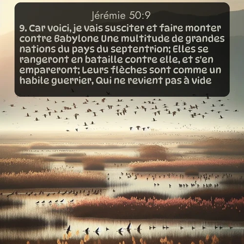 Segond Jérémie  ; image nature: image avec le verset biblique :Car voici, je vais susciter et faire monter contre Babylone Une multitude de grandes nations du pays du septentrion; Elles se rangeront en bataille contre elle, et s&#039;en empareront; Leurs flèches sont comme un habile guerrier, Qui ne revient pas à vide. ;  ; 50:9