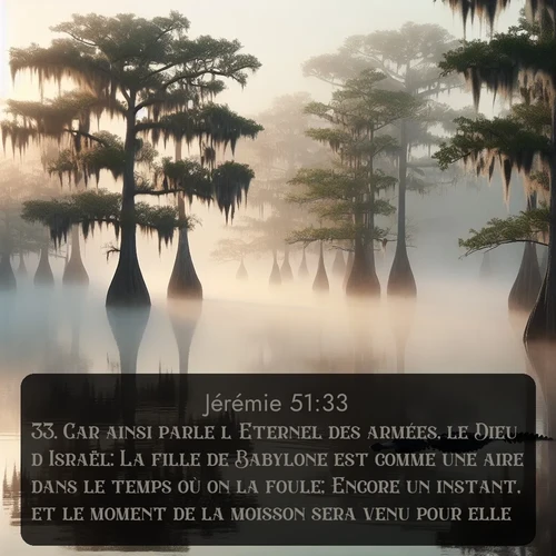 Segond Jérémie  ; image nature: image avec le verset biblique :Car ainsi parle l&#039;Eternel des armées, le Dieu d&#039;Israël: La fille de Babylone est comme une aire dans le temps où on la foule; Encore un instant, et le moment de la moisson sera venu pour elle. ;  ; 51:33