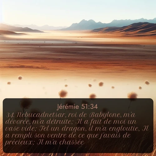 Segond Jérémie  ; image nature: image avec le verset biblique :Nebucadnetsar, roi de Babylone, m&#039;a dévorée, m&#039;a détruite; Il a fait de moi un vase vide; Tel un dragon, il m&#039;a engloutie, Il a rempli son ventre de ce que j&#039;avais de précieux; Il m&#039;a chassée. ;  ; 51:34