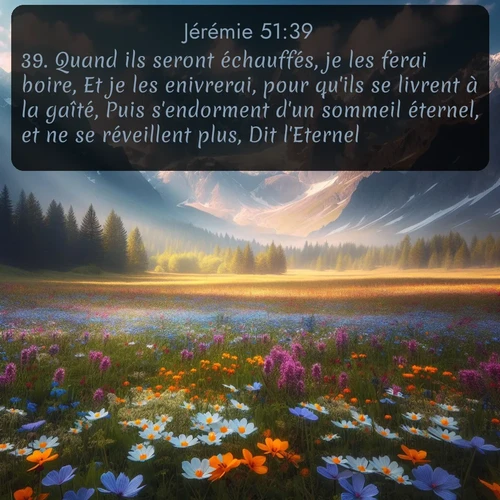 Segond Jérémie  ; image nature: image avec le verset biblique :Quand ils seront échauffés, je les ferai boire, Et je les enivrerai, pour qu&#039;ils se livrent à la gaîté, Puis s&#039;endorment d&#039;un sommeil éternel, et ne se réveillent plus, Dit l&#039;Eternel. ;  ; 51:39
