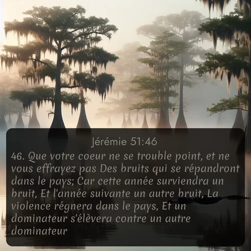 Segond Jérémie  ; image nature: image avec le verset biblique :Que votre coeur ne se trouble point, et ne vous effrayez pas Des bruits qui se répandront dans le pays; Car cette année surviendra un bruit, Et l&#039;année suivante un autre bruit, La violence régnera dans le pays, Et un dominateur s&#039;élèvera contre un autre dominateur. ;  ; 51:46