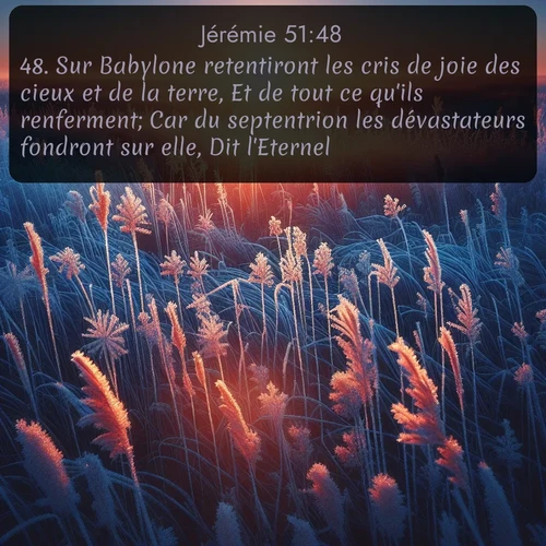 Segond Jérémie  ; image nature: image avec le verset biblique :Sur Babylone retentiront les cris de joie des cieux et de la terre, Et de tout ce qu&#039;ils renferment; Car du septentrion les dévastateurs fondront sur elle, Dit l&#039;Eternel. ;  ; 51:48