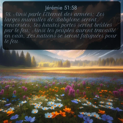 Segond Jérémie  ; image nature: image avec le verset biblique :Ainsi parle l&#039;Eternel des armées: Les larges murailles de Babylone seront renversées, Ses hautes portes seront brûlées par le feu; Ainsi les peuples auront travaillé en vain, Les nations se seront fatiguées pour le feu. ;  ; 51:58