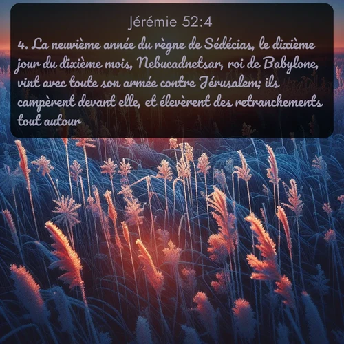 Segond Jérémie  ; image nature: image avec le verset biblique :La neuvième année du règne de Sédécias, le dixième jour du dixième mois, Nebucadnetsar, roi de Babylone, vint avec toute son armée contre Jérusalem; ils campèrent devant elle, et élevèrent des retranchements tout autour. ;  ; 52:4