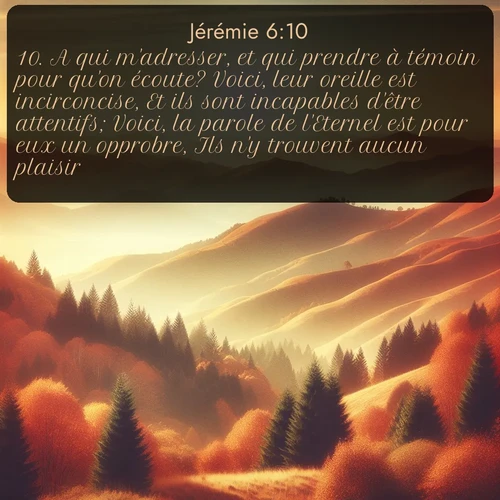 Segond Jérémie  ; image nature: image avec le verset biblique :A qui m&#039;adresser, et qui prendre à témoin pour qu&#039;on écoute? Voici, leur oreille est incirconcise, Et ils sont incapables d&#039;être attentifs; Voici, la parole de l&#039;Eternel est pour eux un opprobre, Ils n&#039;y trouvent aucun plaisir. ;  ; 6:10