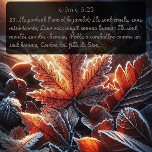 Segond Jérémie  ; image nature: image avec le verset biblique :Ils portent l&#039;arc et le javelot; Ils sont cruels, sans miséricorde; Leur voix mugit comme la mer; Ils sont montés sur des chevaux, Prêts à combattre comme un seul homme, Contre toi, fille de Sion! ;  ; 6:23