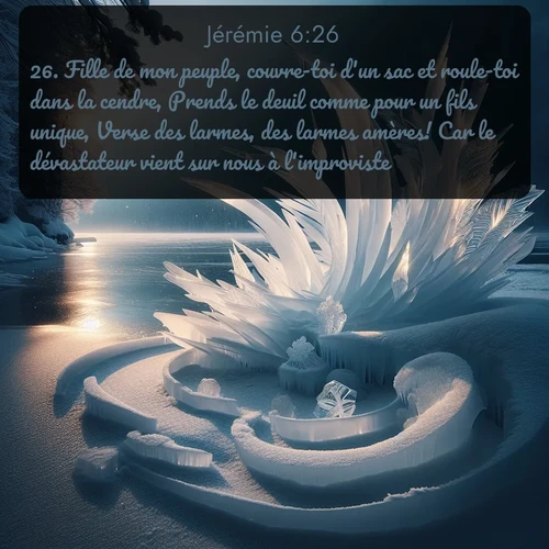Segond Jérémie  ; image nature: image avec le verset biblique :Fille de mon peuple, couvre-toi d&#039;un sac et roule-toi dans la cendre, Prends le deuil comme pour un fils unique, Verse des larmes, des larmes amères! Car le dévastateur vient sur nous à l&#039;improviste. ;  ; 6:26