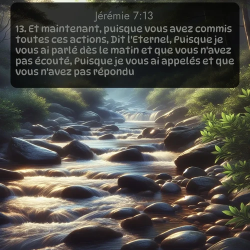 Segond Jérémie  ; image nature: image avec le verset biblique :Et maintenant, puisque vous avez commis toutes ces actions, Dit l&#039;Eternel, Puisque je vous ai parlé dès le matin et que vous n&#039;avez pas écouté, Puisque je vous ai appelés et que vous n&#039;avez pas répondu, ;  ; 7:13