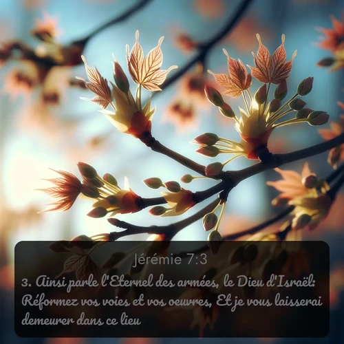 Segond Jérémie  ; image nature: image avec le verset biblique :Ainsi parle l&#039;Eternel des armées, le Dieu d&#039;Israël: Réformez vos voies et vos oeuvres, Et je vous laisserai demeurer dans ce lieu. ;  ; 7:3