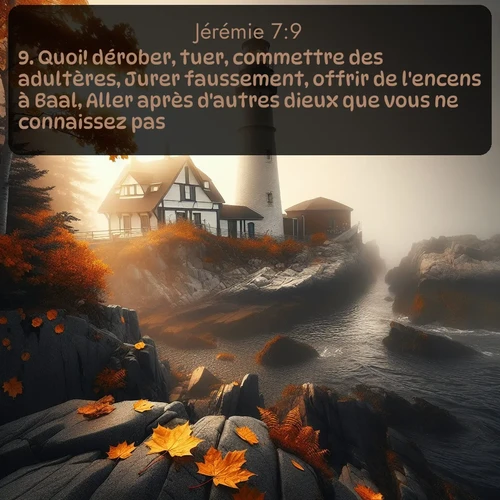 Segond Jérémie  ; image nature: image avec le verset biblique :Quoi! dérober, tuer, commettre des adultères, Jurer faussement, offrir de l&#039;encens à Baal, Aller après d&#039;autres dieux que vous ne connaissez pas!... ;  ; 7:9