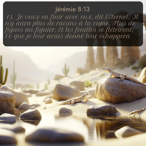 Segond Jérémie  ; image nature: image avec le verset biblique :Je veux en finir avec eux, dit l&#039;Eternel; Il n&#039;y aura plus de raisins à la vigne, Plus de figues au figuier, Et les feuilles se flétriront; Ce que je leur avais donné leur échappera. - ;  ; 8:13
